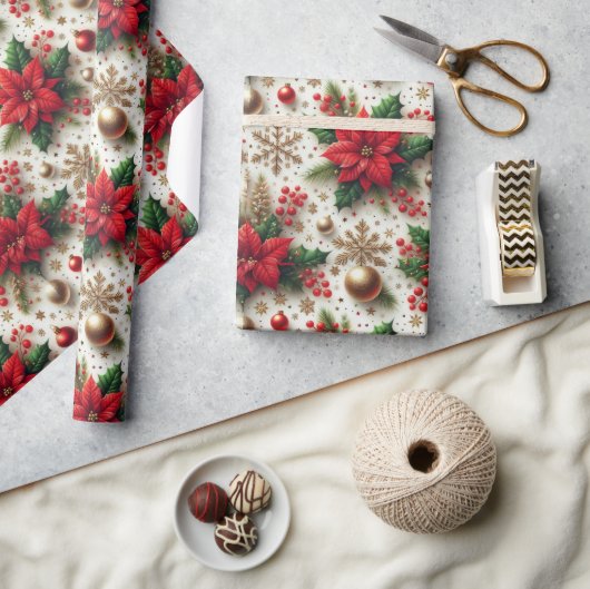 Kerstrood Poinsettia Gouden Sneeuwvlok Glanzend Cadeaupapier (Crafts)