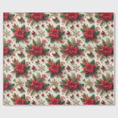 Kerstrood Poinsettia Gouden Sneeuwvlok Glanzend Cadeaupapier (Vlak)