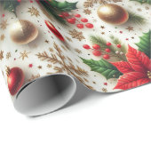 Kerstrood Poinsettia Gouden Sneeuwvlok Glanzend Cadeaupapier (Rol Hoek)