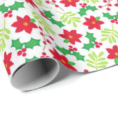 Kerstrood Poinsettia Green Holly Gift Cadeaupapier (Rol Hoek)