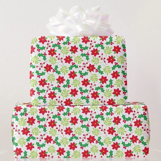 Kerstrood Poinsettia Green Holly Gift Cadeaupapier