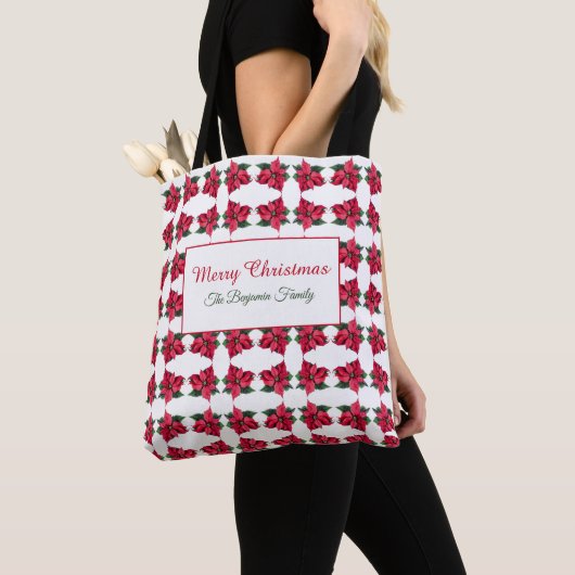  kerstrood poinsettia patroon tote bag (Dichtbij)