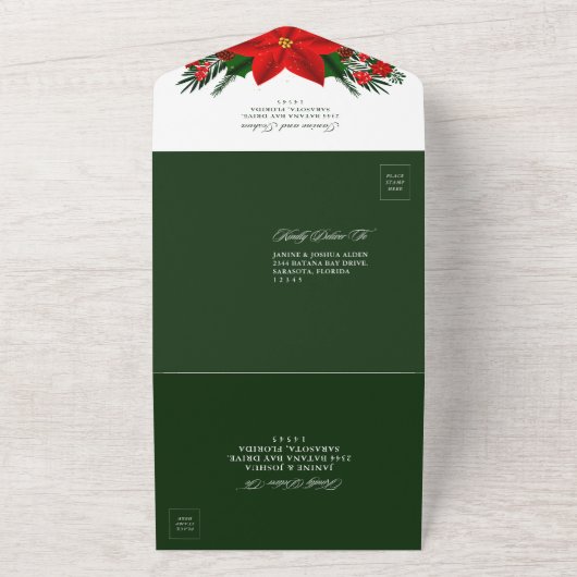 kerstrood poinsettia pine Greenery Wedding All In One Uitnodiging (Buitenkant)