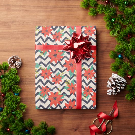 Kerstrood Poinsettia zwart-wit Chevron Cadeaupapier (Feestdagen Geschenken)