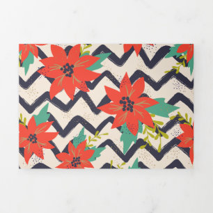 Kerstrood Poinsettia zwart-wit Chevron Drieluik Wenskaart