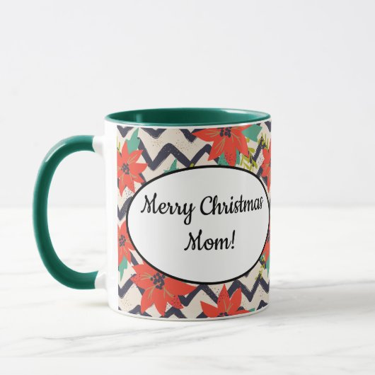 Kerstrood Poinsettia zwart-wit Chevron Mok (Links)