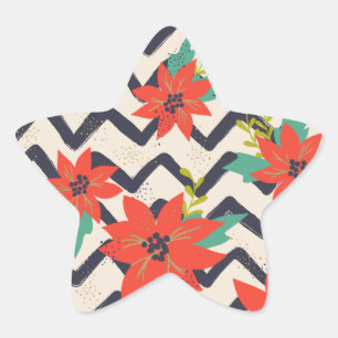 Kerstrood Poinsettia zwart-wit Chevron Ster Sticker