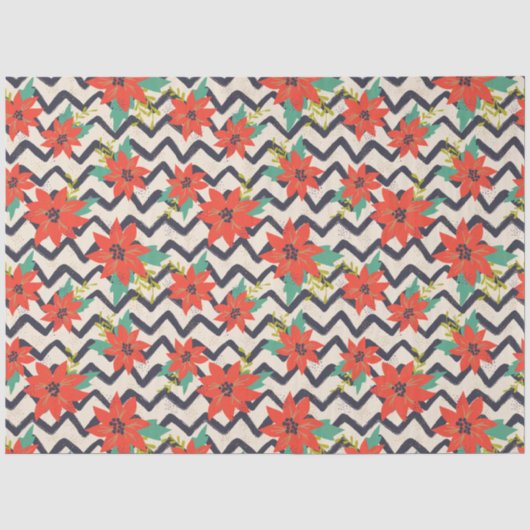 Kerstrood Poinsettia zwart-wit Chevron Tissuepapier (Voorkant)