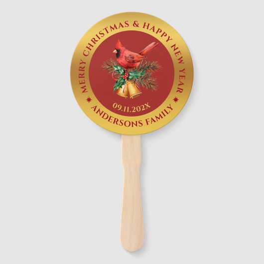 Kerstrood Robin ornament goud en rood Handwaaier (Voorkant)