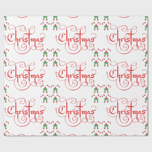 Kerstrood Script Snoep Candy Cane Green Ribbon Cadeaupapier (Vlak)