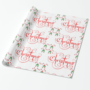 Kerstrood Script Snoep Candy Cane Green Ribbon Cadeaupapier