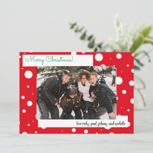 Kerstrood sneeuwfeest 5-fotokaart (Staand voorkant)
