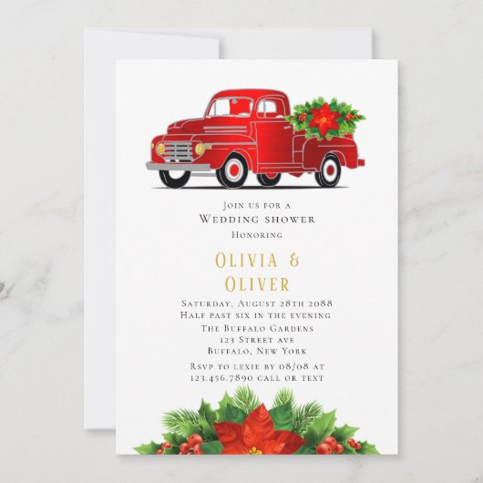 Kerstrood Truck Poinsettia Bruiloft Borrel Kaart (Voorkant)
