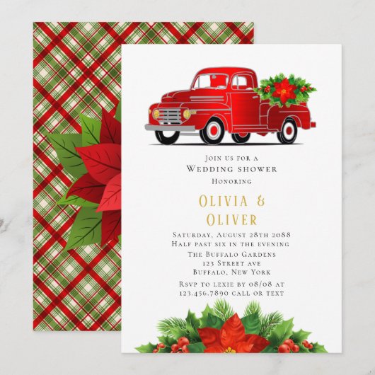 Kerstrood Truck Poinsettia Bruiloft Borrel Kaart (Voorkant / Achterkant)