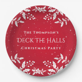 Kerstrood. White Holly, Deck-the-Halls Party Papieren Bordje