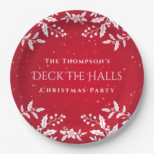 Kerstrood. White Holly, Deck-the-Halls Party Papieren Bordje (Voorkant)
