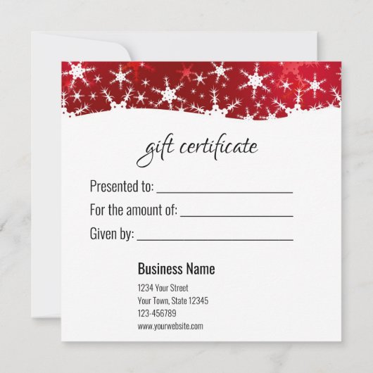 kerstrood wintersneeuwvlokken — cadeaubon (Achterkant)