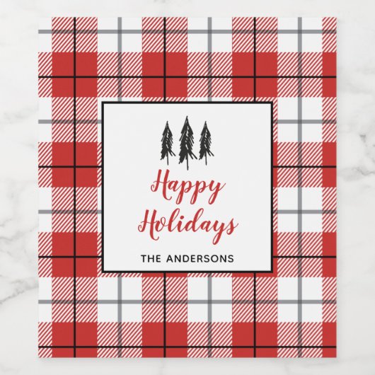Kerstrood wit en zwart flannelpatroon wijn etiket (Enkel label)