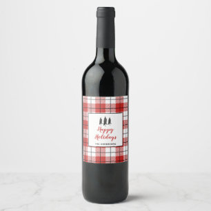 Kerstrood wit en zwart flannelpatroon wijn etiket