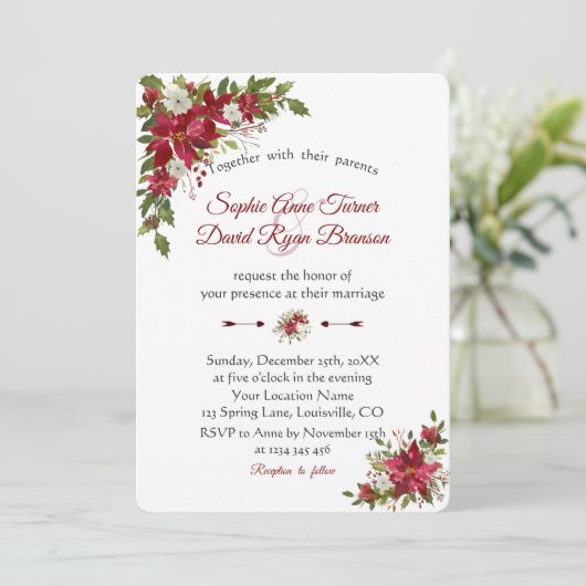Kerstrood wit poinsettia bruiloft kaart (Staand voorkant)