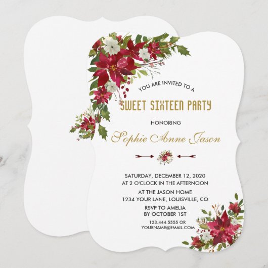 Kerstrood wit Poinsettia Sweet Sixteen Kaart (Voorkant / Achterkant)