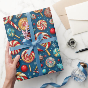 Kerstrood Wit Snoep Lollipop Blauw Cadeaupapier