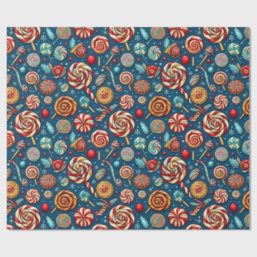 Kerstrood Wit Snoep Lollipop Blauw Cadeaupapier (Vlak)