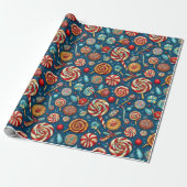 Kerstrood Wit Snoep Lollipop Blauw Cadeaupapier (Uitgerold)