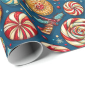 Kerstrood Wit Snoep Lollipop Blauw Cadeaupapier (Rol Hoek)