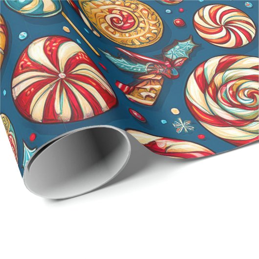 Kerstrood Wit Snoep Lollipop Blauw Cadeaupapier (Rol Hoek)