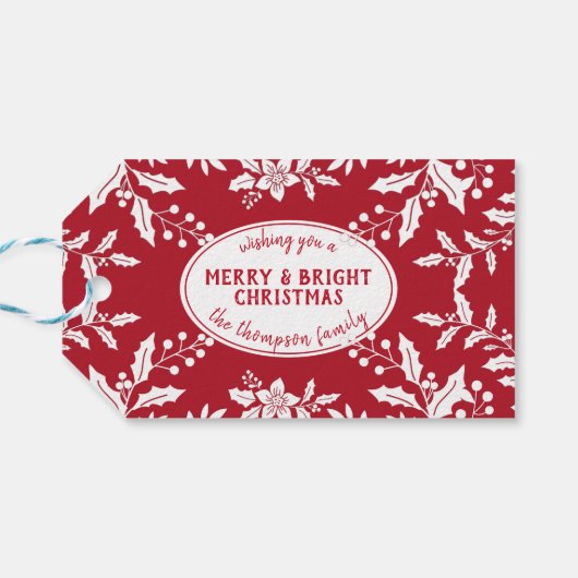 Kerstrood, witte Holly, familienaam, feestelijk Cadeaulabel (Achterkant Horizontaal)