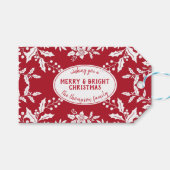 Kerstrood, witte Holly, familienaam, feestelijk Cadeaulabel (Voorkant (Horizontaal))