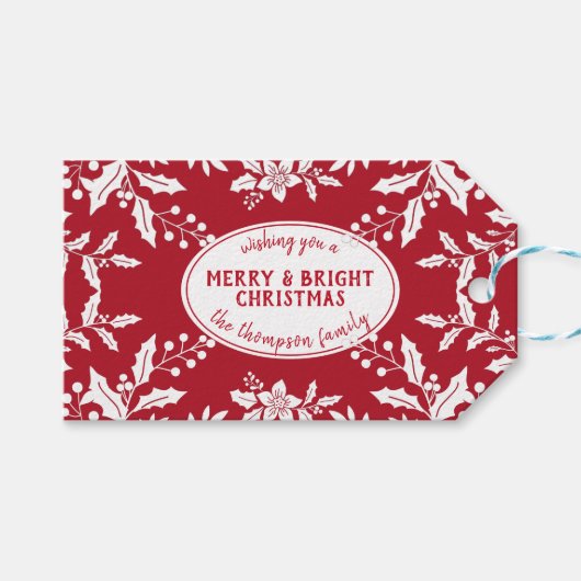 Kerstrood, witte Holly, familienaam, feestelijk Cadeaulabel (Voorkant (Horizontaal))