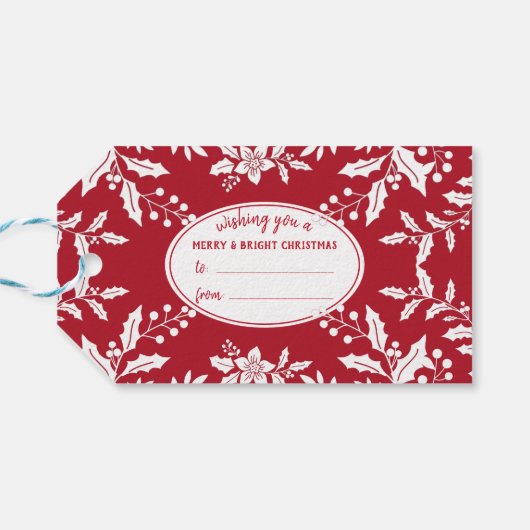 Kerstrood, witte Holly, feestelijk Cadeaulabel (Achterkant Horizontaal)