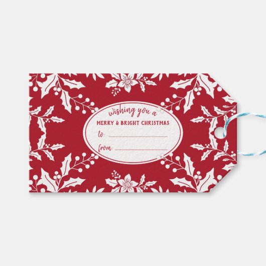 Kerstrood, witte Holly, feestelijk Cadeaulabel (Voorkant (Horizontaal))