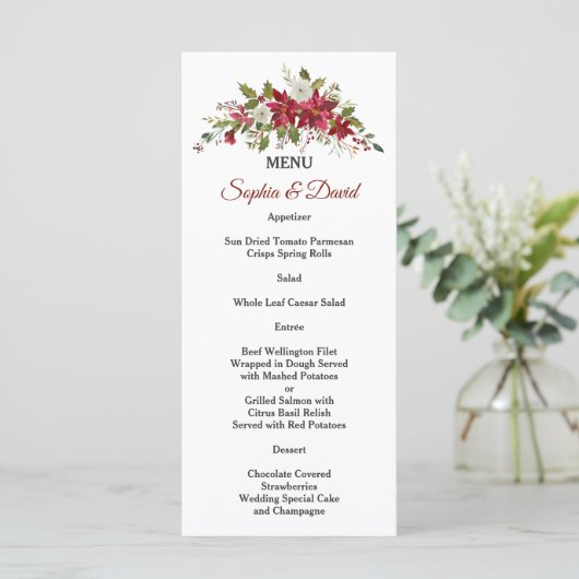 Kerstrood Witte Poinsettia Bruiloftsmenu Menu (Staand voorkant)