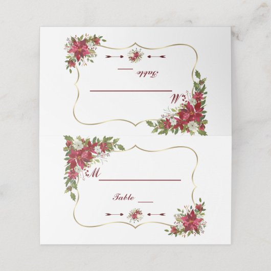 Kerstrood Witte Poinsettia Goud Tafelnummer Plaatskaartje (Buitenkant ongevouwen)