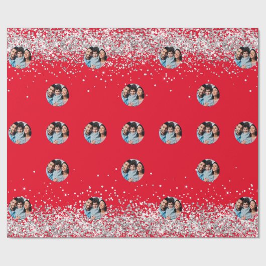Kerstrood zilveren fotoconfetti cadeaupapier (Vlak)