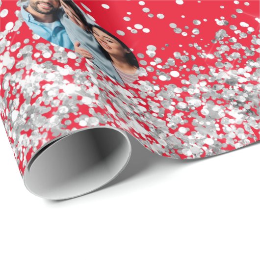 Kerstrood zilveren fotoconfetti cadeaupapier (Rol Hoek)