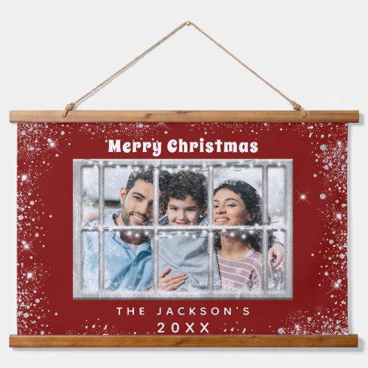 Kerstrood zilverglitter-fotovenster hangend wandkleed (Voorkant)