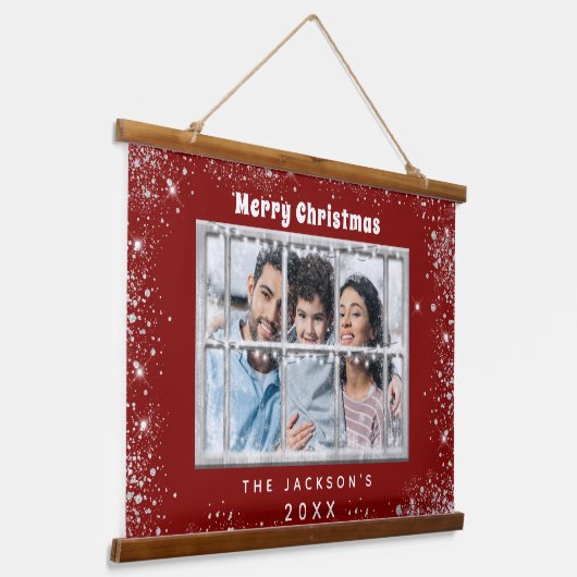 Kerstrood zilverglitter-fotovenster hangend wandkleed (Gebogen)