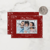 Kerstrood zilverglitter-fotovenster notitiekaartje (Voorkant / Achterkant in situ)
