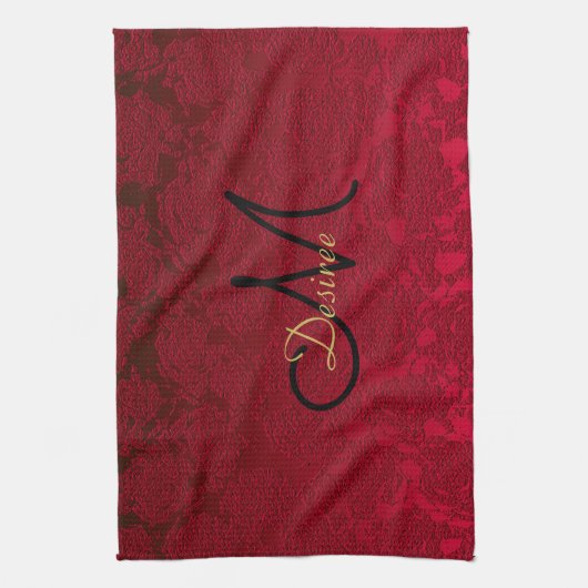 Kerstrood zwart wintermonogram theedoek (Verticaal)