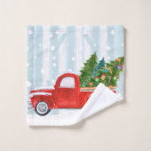 Kerstroodbedekking vrachtwagen op een sneeuwweg bad handdoek (Wasdoekje)