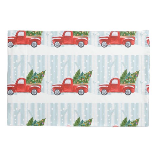 Kerstroodbedekking vrachtwagen op een sneeuwweg kussensloop (Achterkant)