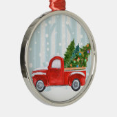 Kerstroodbedekking vrachtwagen op een sneeuwweg metalen ornament (Rechts)