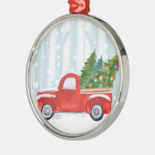 Kerstroodbedekking vrachtwagen op een sneeuwweg metalen ornament (Links)