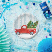 Kerstroodbedekking vrachtwagen op een sneeuwweg papieren bordje (Feest)