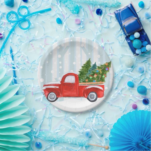 Kerstroodbedekking vrachtwagen op een sneeuwweg papieren bordje (Feest)