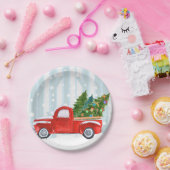 Kerstroodbedekking vrachtwagen op een sneeuwweg papieren bordje (Feest)